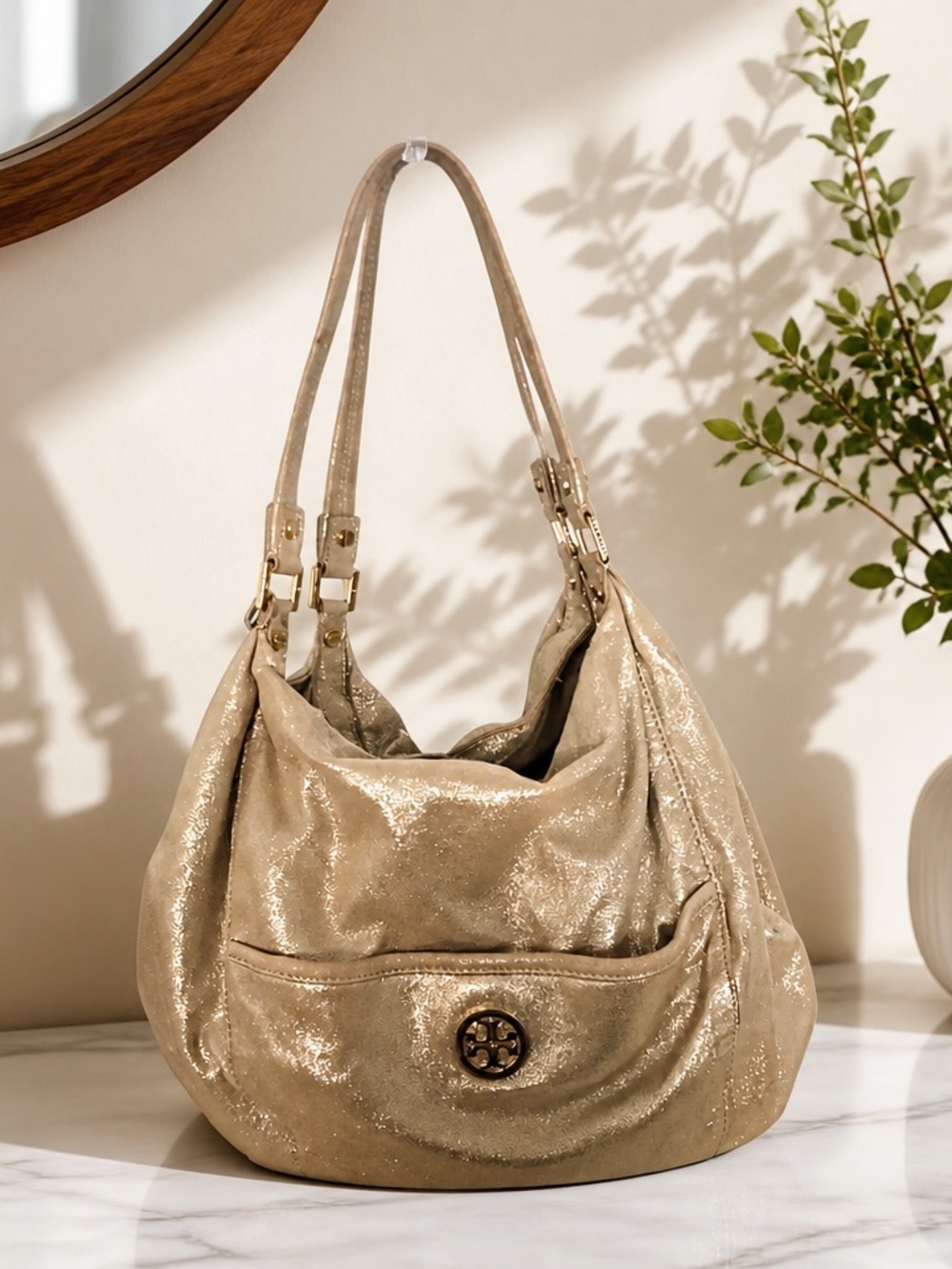 Tory Burch Lotus Metallic Gold Leather Suede Hobo Shoulder Bag